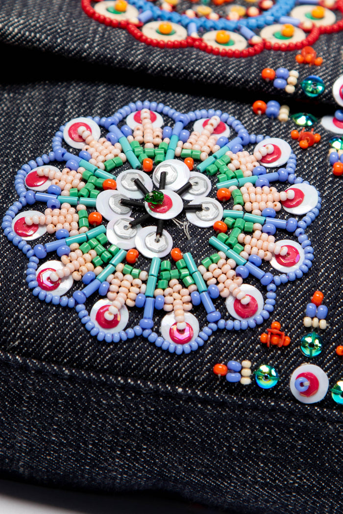 SUPER RARE Fendi Denim Beaded Baguette Shoulder Bag