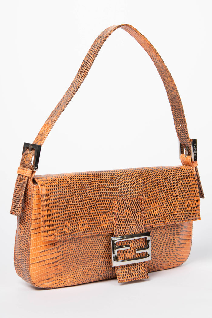 SUPER RARE Vintage Fendi Orange Lizard Baguette Shoulder Bag