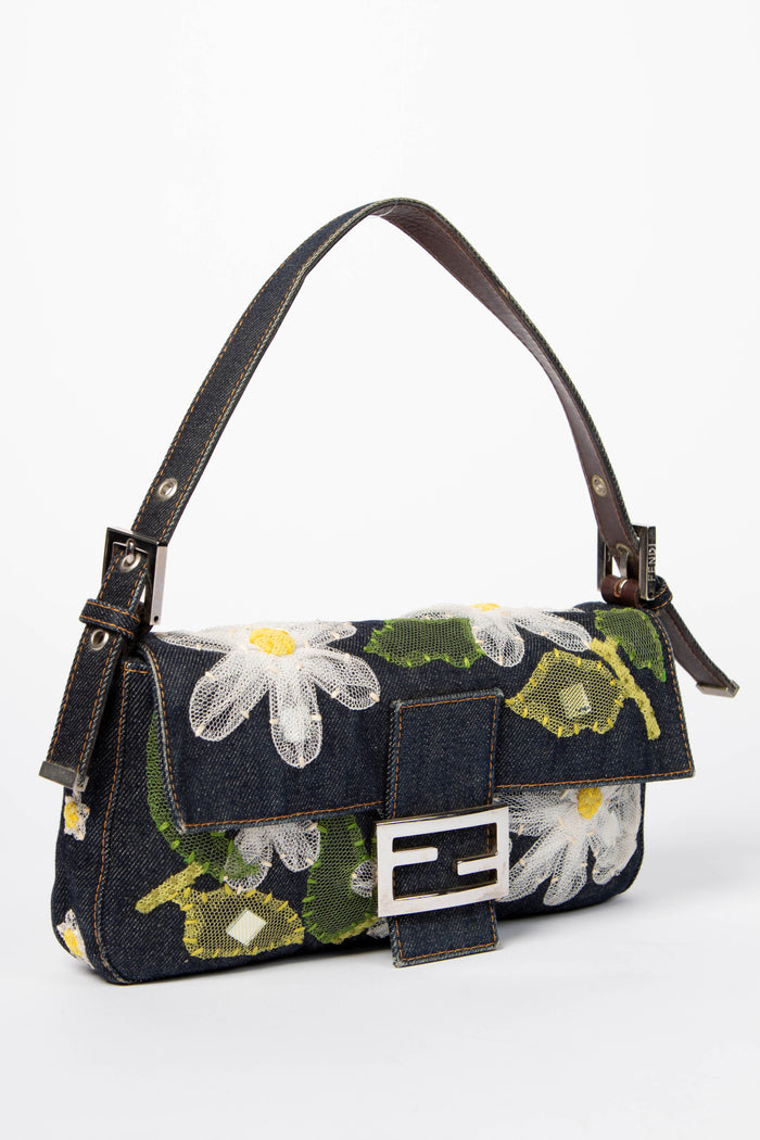 Vintage Fendi Denim Baguette with Mesh Flower Appliqué