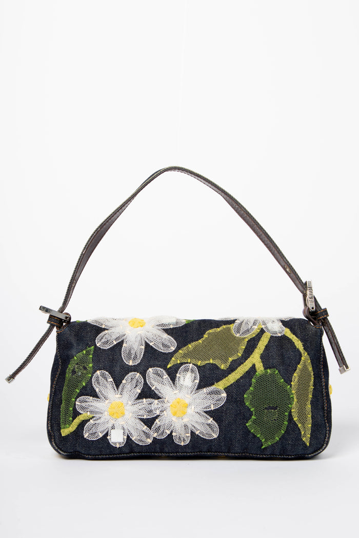 Vintage Fendi Denim Baguette with Mesh Flower Appliqué
