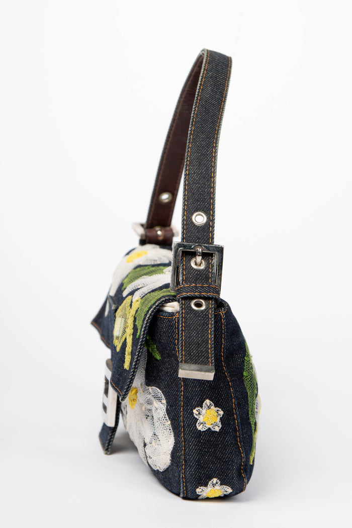 Vintage Fendi Denim Baguette with Mesh Flower Appliqué