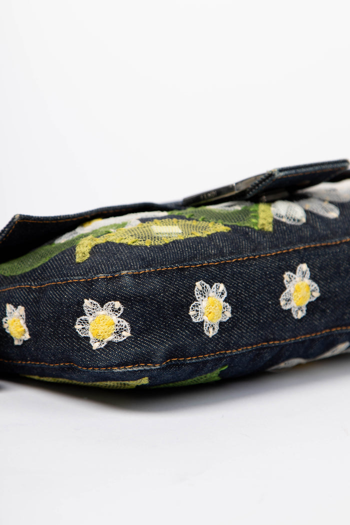 Vintage Fendi Denim Baguette with Mesh Flower Appliqué
