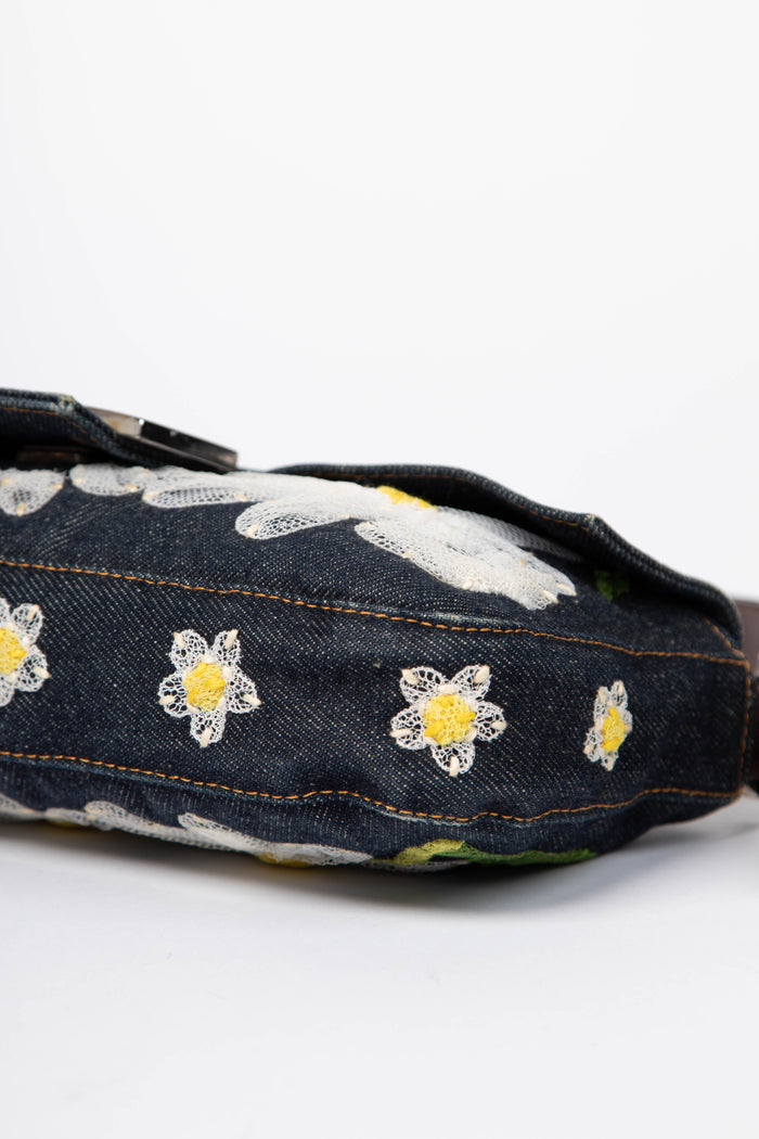 Vintage Fendi Denim Baguette with Mesh Flower Appliqué
