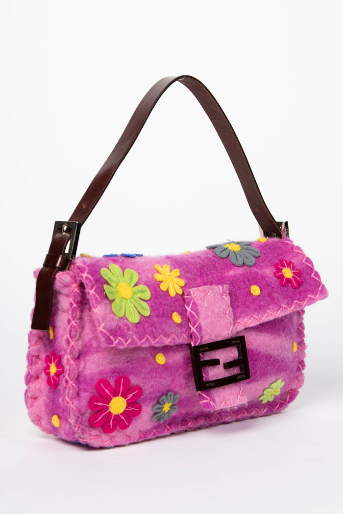 RARE Vintage Fendi Pink Felt Floral Appliqué Baguette Shoulder Bag
