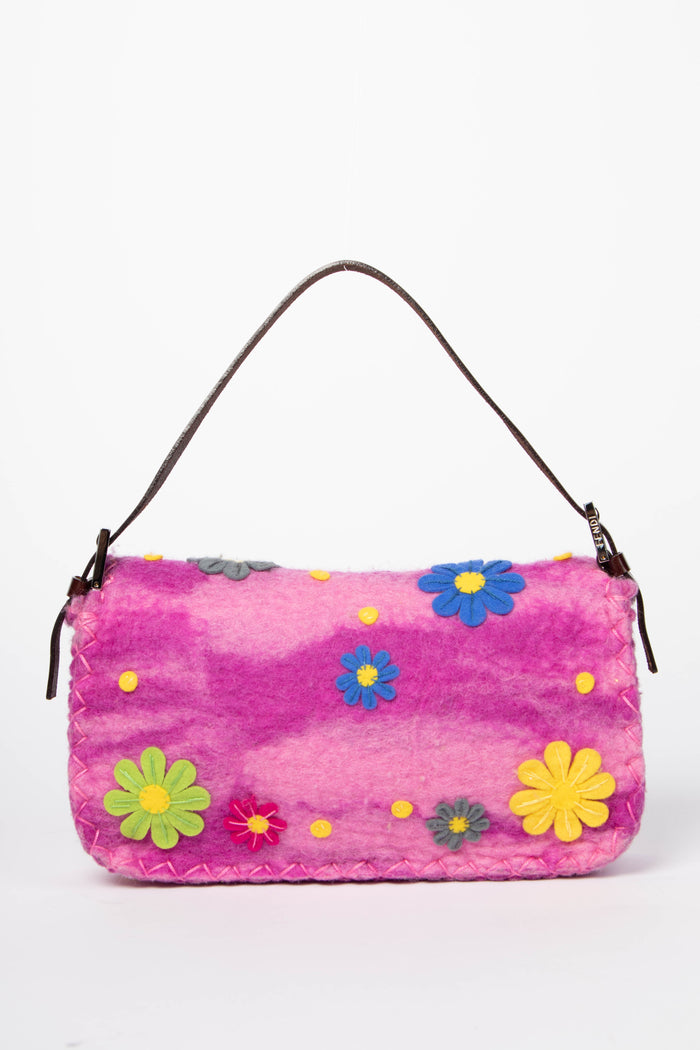 RARE Vintage Fendi Pink Felt Floral Appliqué Baguette Shoulder Bag