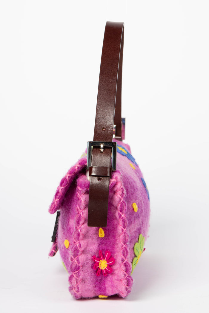 RARE Vintage Fendi Pink Felt Floral Appliqué Baguette Shoulder Bag