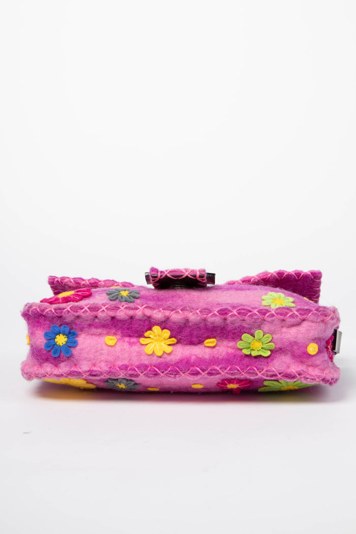 RARE Vintage Fendi Pink Felt Floral Appliqué Baguette Shoulder Bag