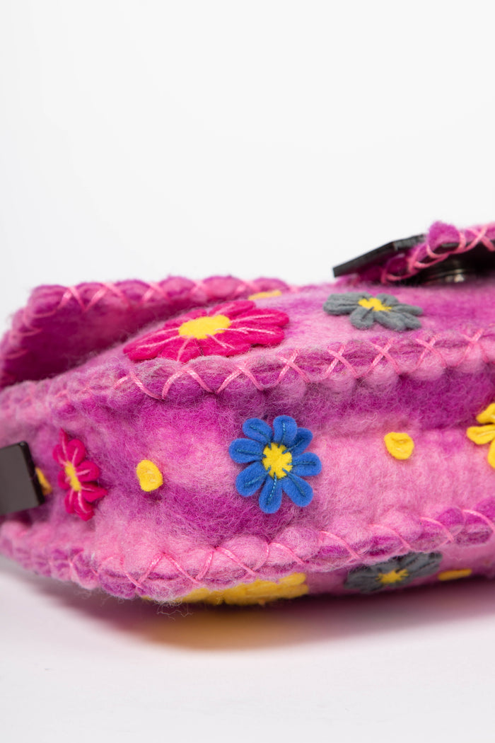 RARE Vintage Fendi Pink Felt Floral Appliqué Baguette Shoulder Bag