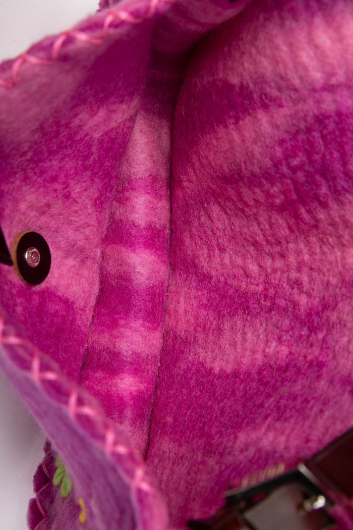 RARE Vintage Fendi Pink Felt Floral Appliqué Baguette Shoulder Bag