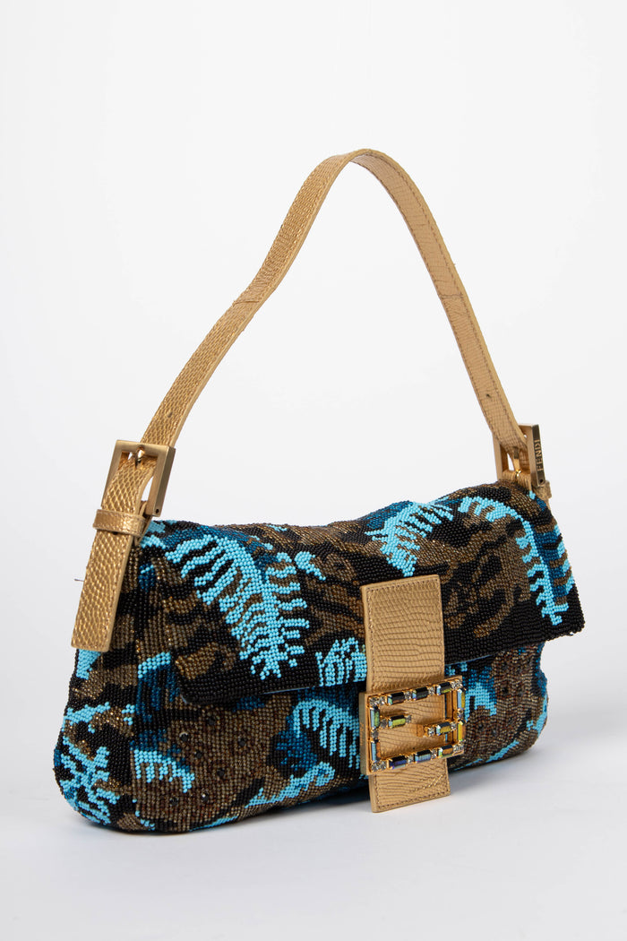 SUPER RARE Fendi Blue Beaded Lizard Baguette Shoulder Bag
