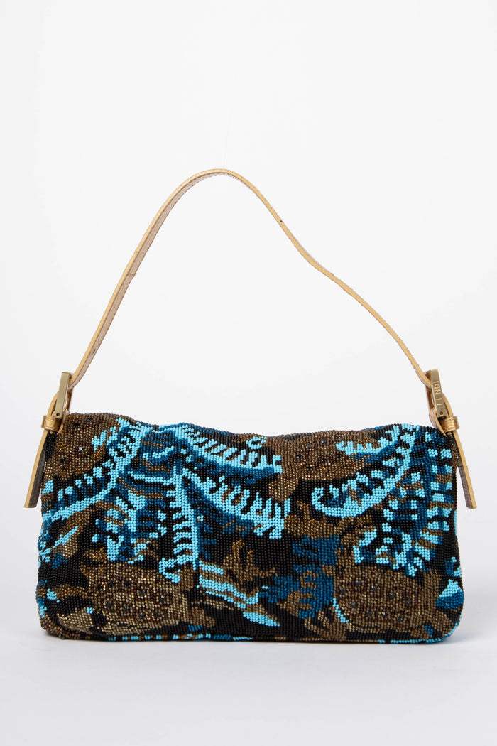 SUPER RARE Fendi Blue Beaded Lizard Baguette Shoulder Bag