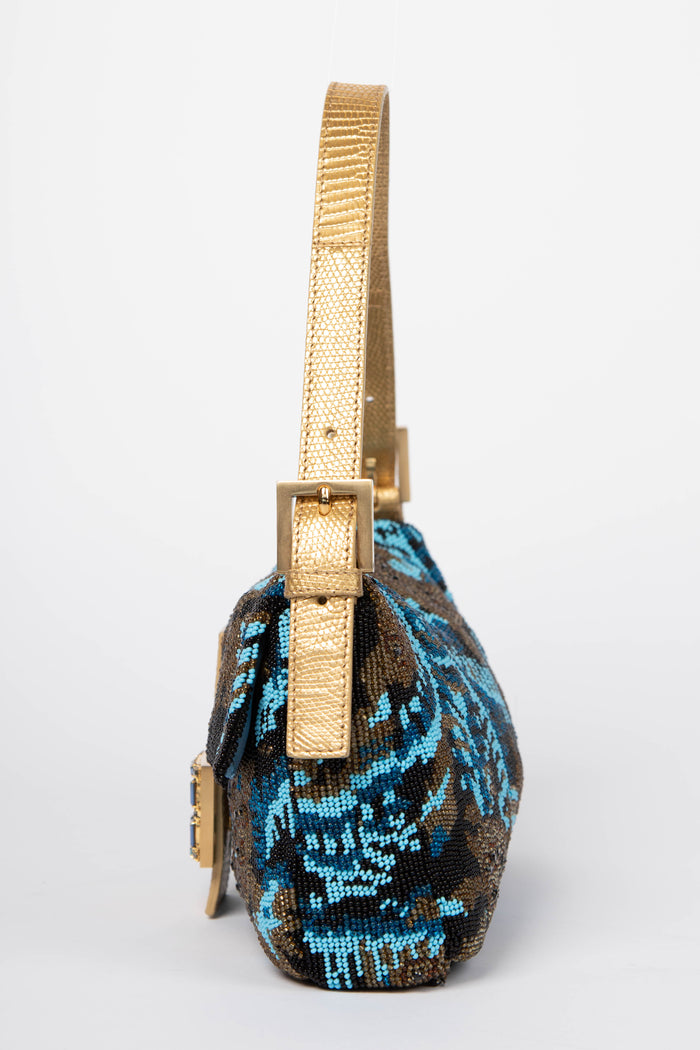 SUPER RARE Fendi Blue Beaded Lizard Baguette Shoulder Bag