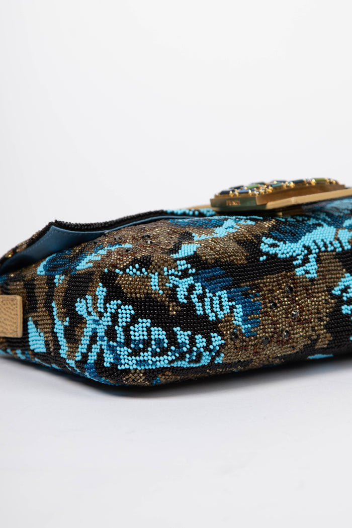 SUPER RARE Fendi Blue Beaded Lizard Baguette Shoulder Bag