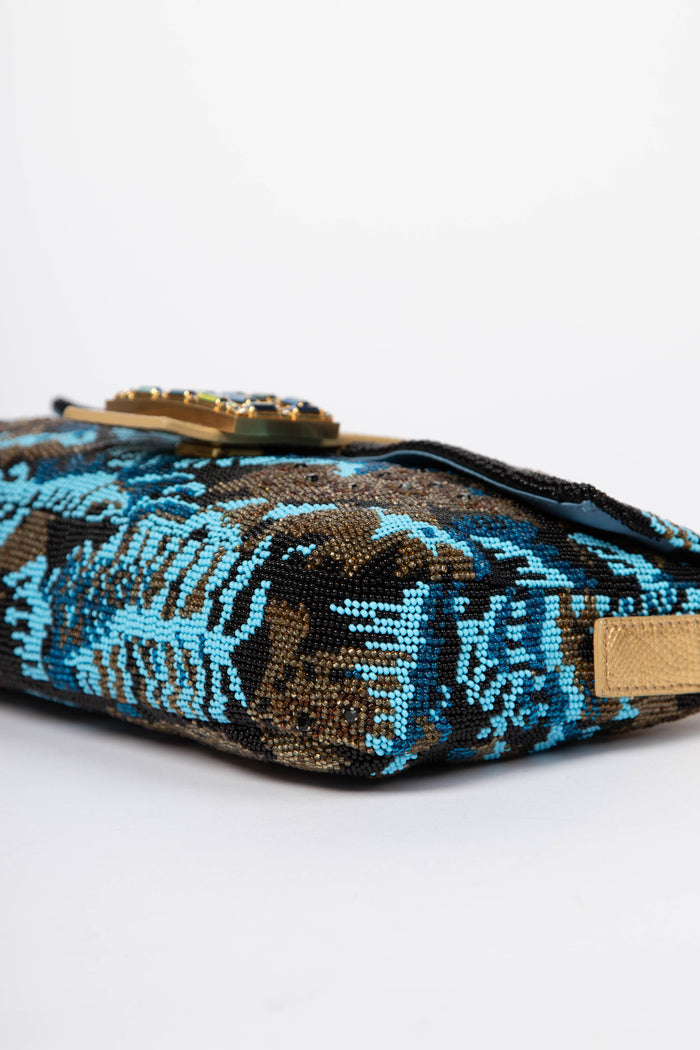 SUPER RARE Fendi Blue Beaded Lizard Baguette Shoulder Bag