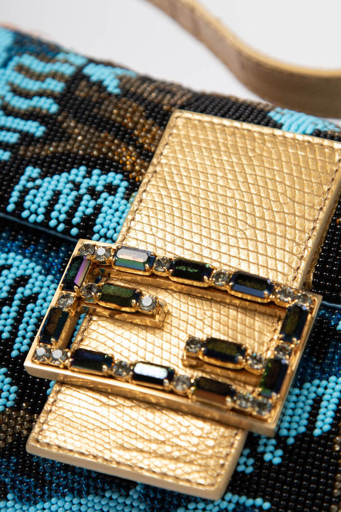 SUPER RARE Fendi Blue Beaded Lizard Baguette Shoulder Bag
