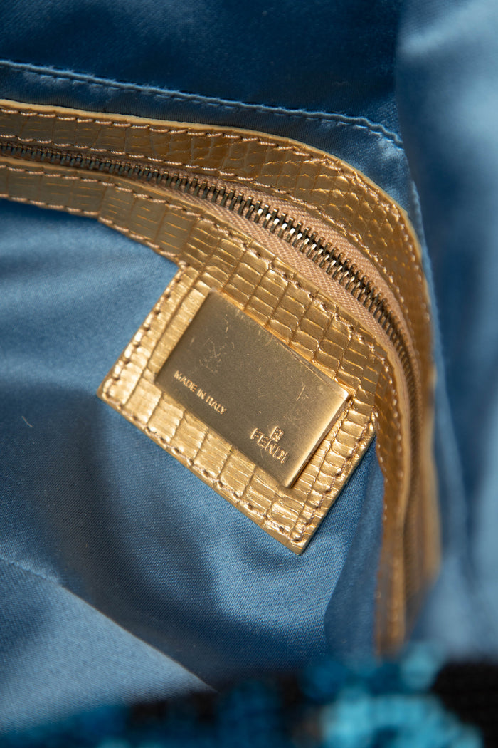 SUPER RARE Fendi Blue Beaded Lizard Baguette Shoulder Bag