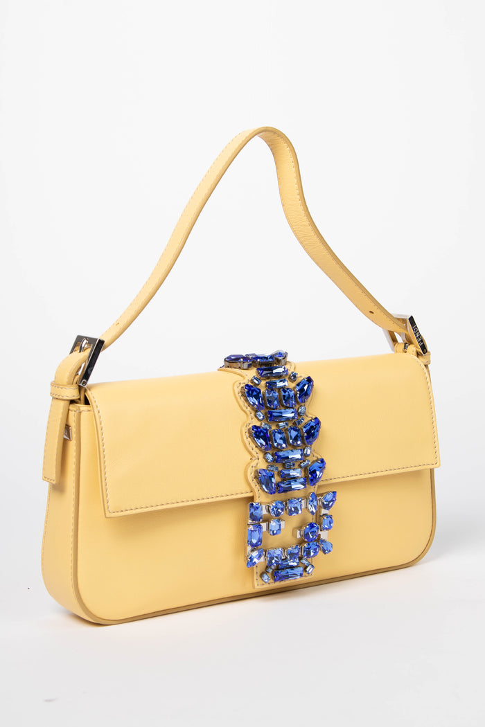 RARE Fendi Yellow Leather Jewelled Baguette Shoulder Bag