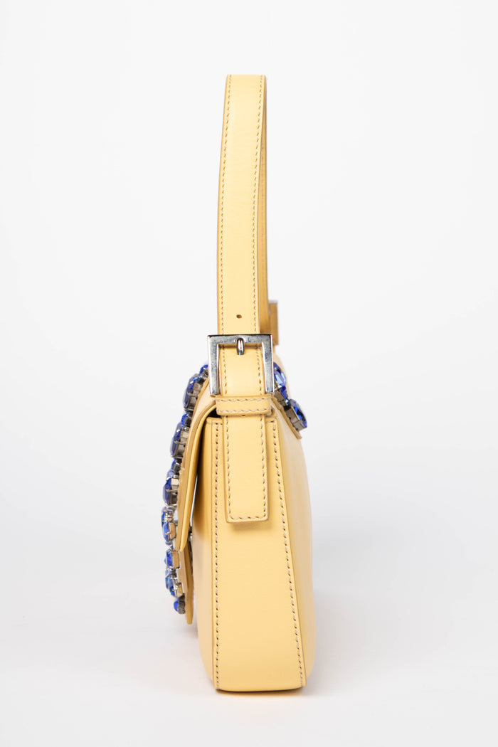 RARE Fendi Yellow Leather Jewelled Baguette Shoulder Bag