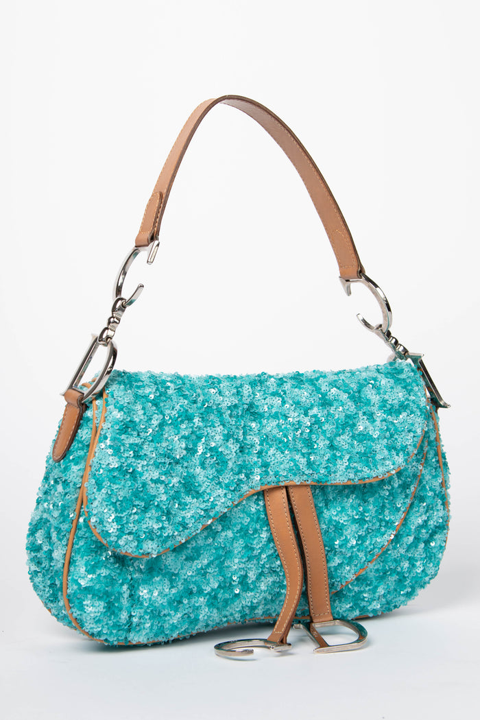 RARE Vintage Christian Dior Blue Sequin Double Saddle Bag