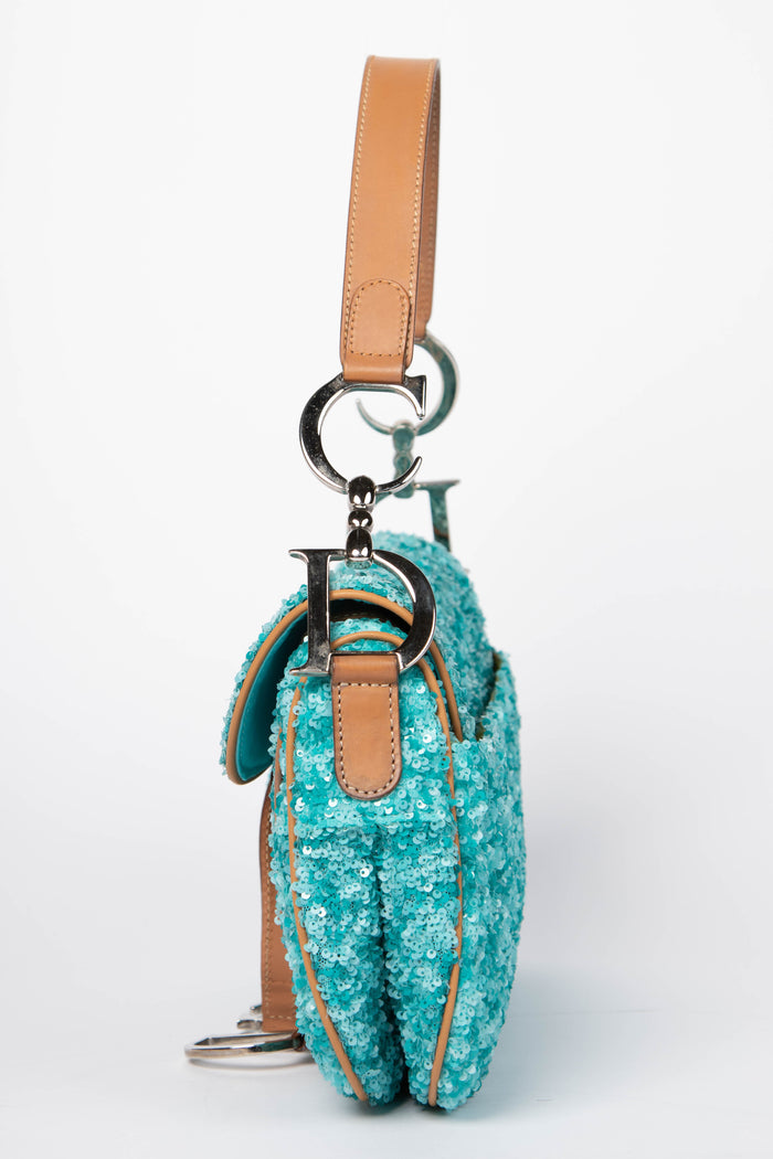 RARE Vintage Christian Dior Blue Sequin Double Saddle Bag