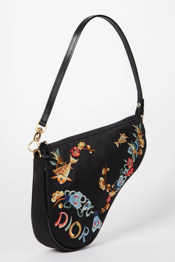 LIMITED EDITION Christian Dior Black Satin Koi Fish Embroidered Saddle Bag