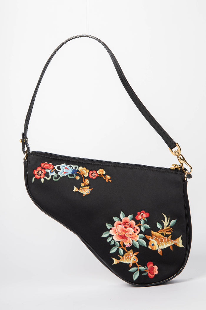 LIMITED EDITION Christian Dior Black Satin Koi Fish Embroidered Saddle Bag