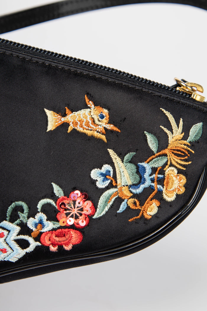 LIMITED EDITION Christian Dior Black Satin Koi Fish Embroidered Saddle Bag