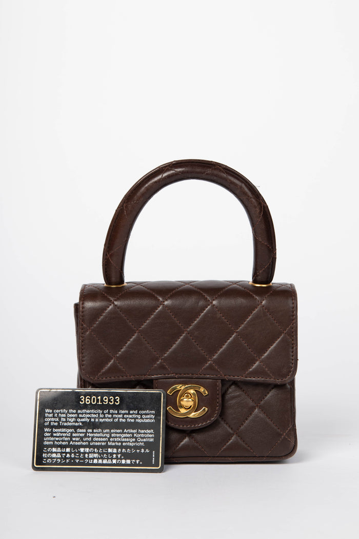 RARE Vintage Chanel Brown Lambskin Leather Mini Top Handle Bag