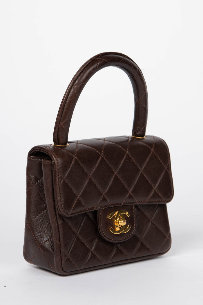 RARE Vintage Chanel Brown Lambskin Leather Mini Top Handle Bag