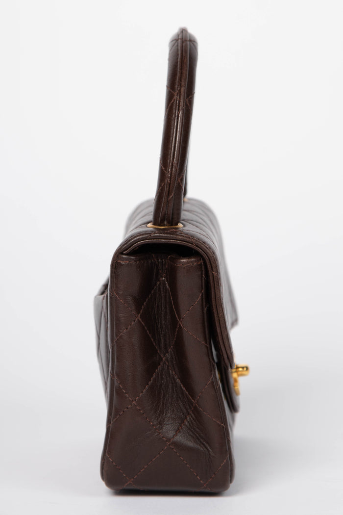 RARE Vintage Chanel Brown Lambskin Leather Mini Top Handle Bag