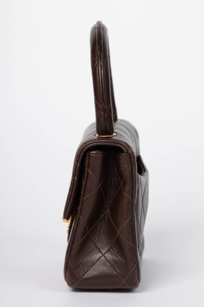 RARE Vintage Chanel Brown Lambskin Leather Mini Top Handle Bag