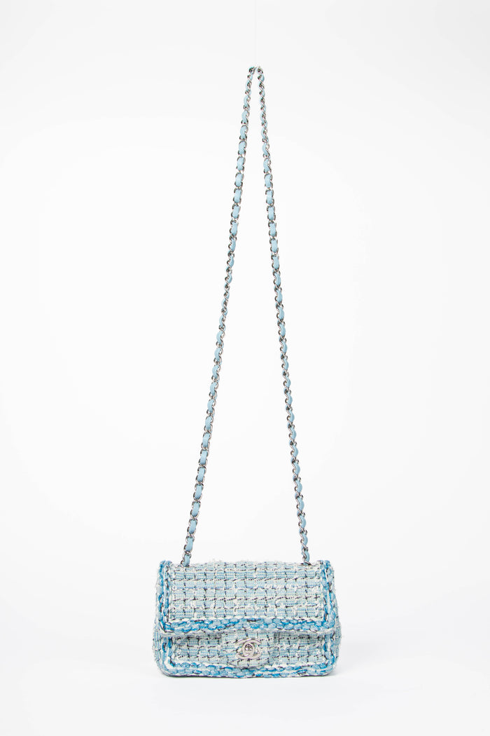 RARE 2019 Chanel Blue Tweed Mini Rectangular Single Flap Bag