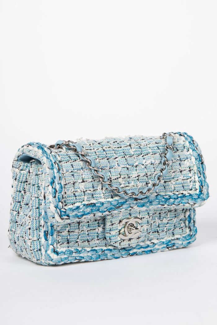 RARE 2019 Chanel Blue Tweed Mini Rectangular Single Flap Bag