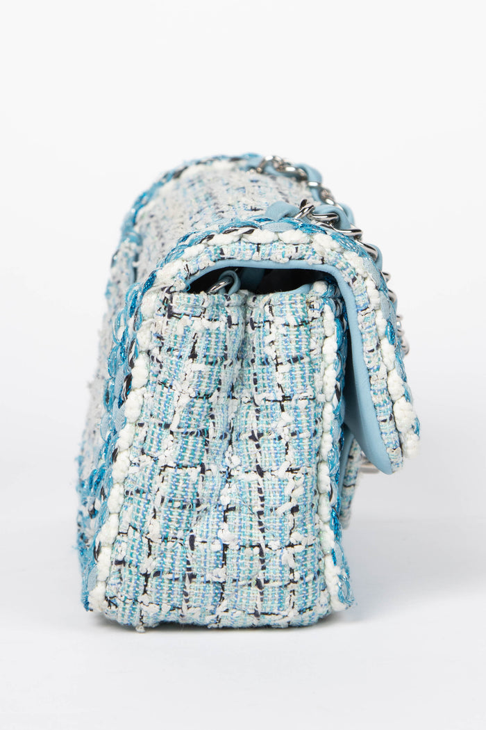 RARE 2019 Chanel Blue Tweed Mini Rectangular Single Flap Bag