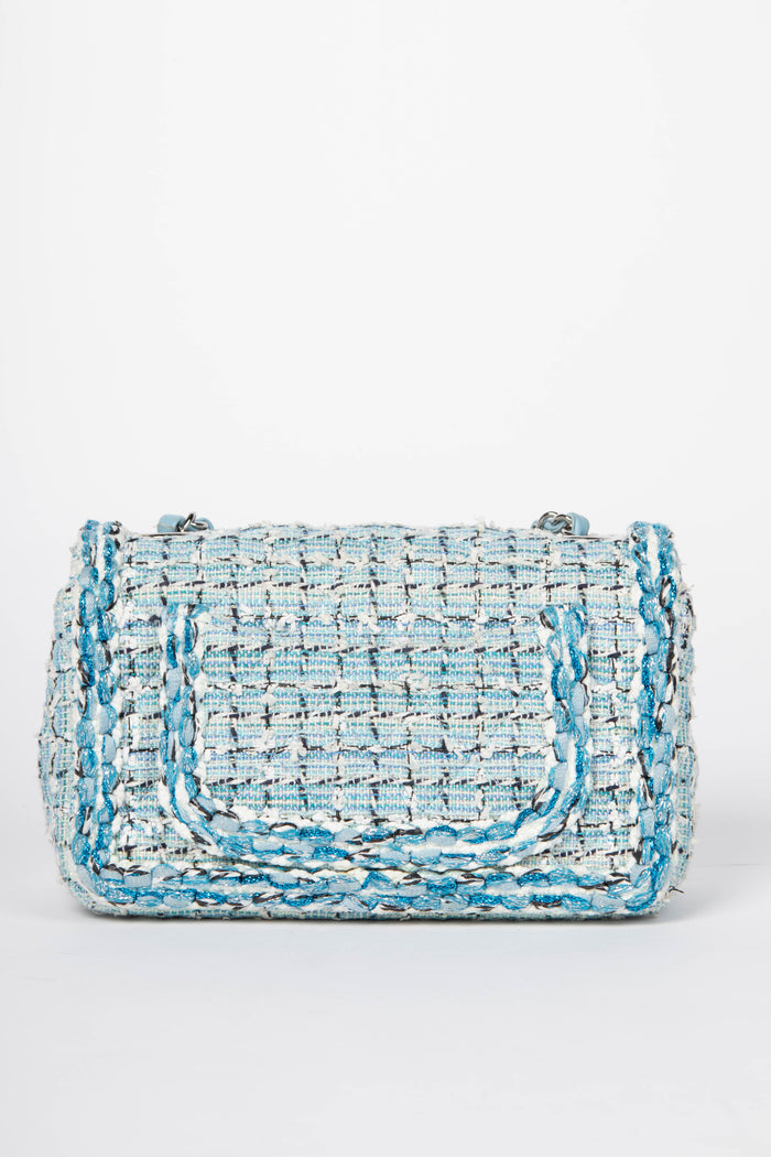 RARE 2019 Chanel Blue Tweed Mini Rectangular Single Flap Bag