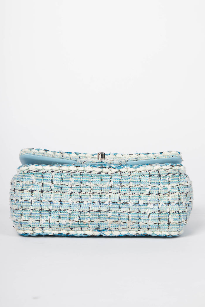 RARE 2019 Chanel Blue Tweed Mini Rectangular Single Flap Bag