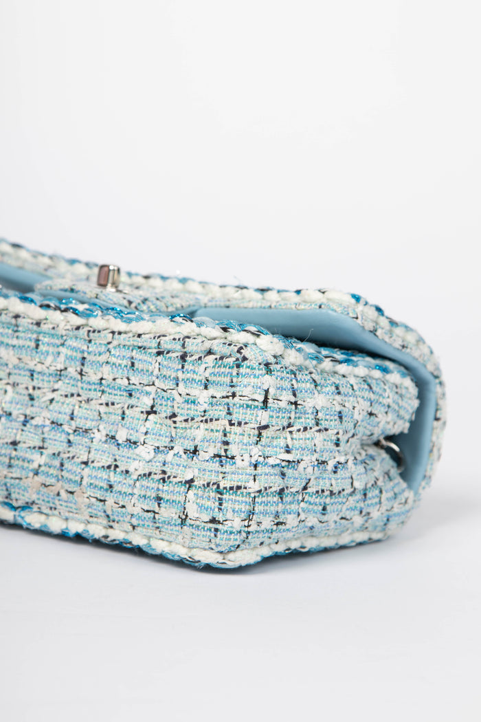 RARE 2019 Chanel Blue Tweed Mini Rectangular Single Flap Bag