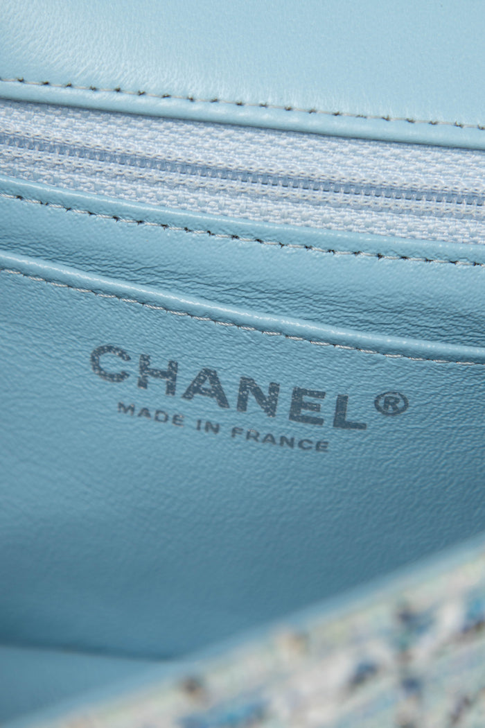 RARE 2019 Chanel Blue Tweed Mini Rectangular Single Flap Bag