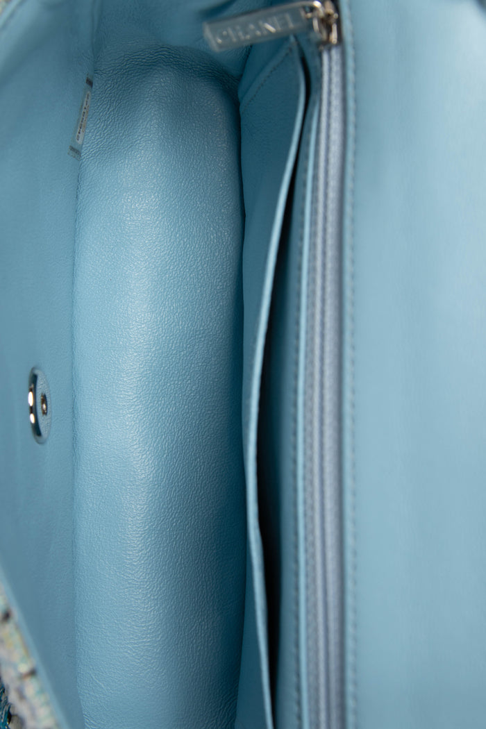 RARE 2019 Chanel Blue Tweed Mini Rectangular Single Flap Bag