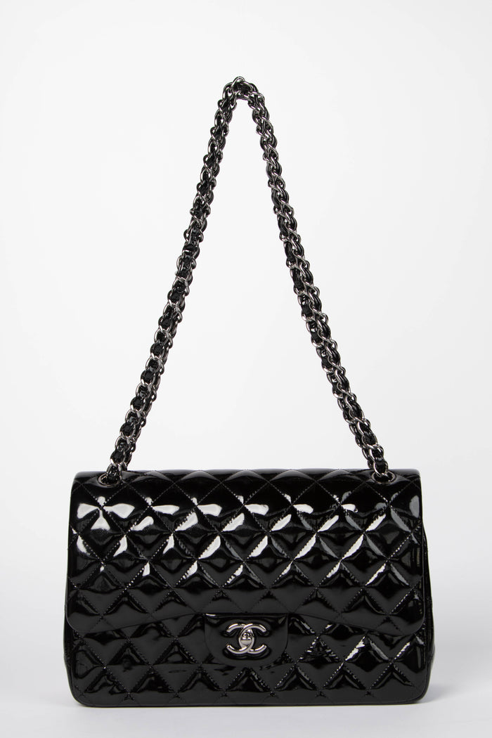 2010s Chanel Black Patent Leather Jumbo Double Flap Shoulder Bag