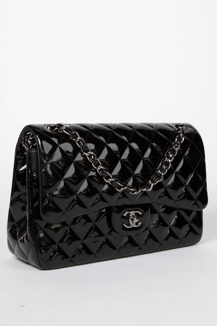 2010s Chanel Black Patent Leather Jumbo Double Flap Shoulder Bag