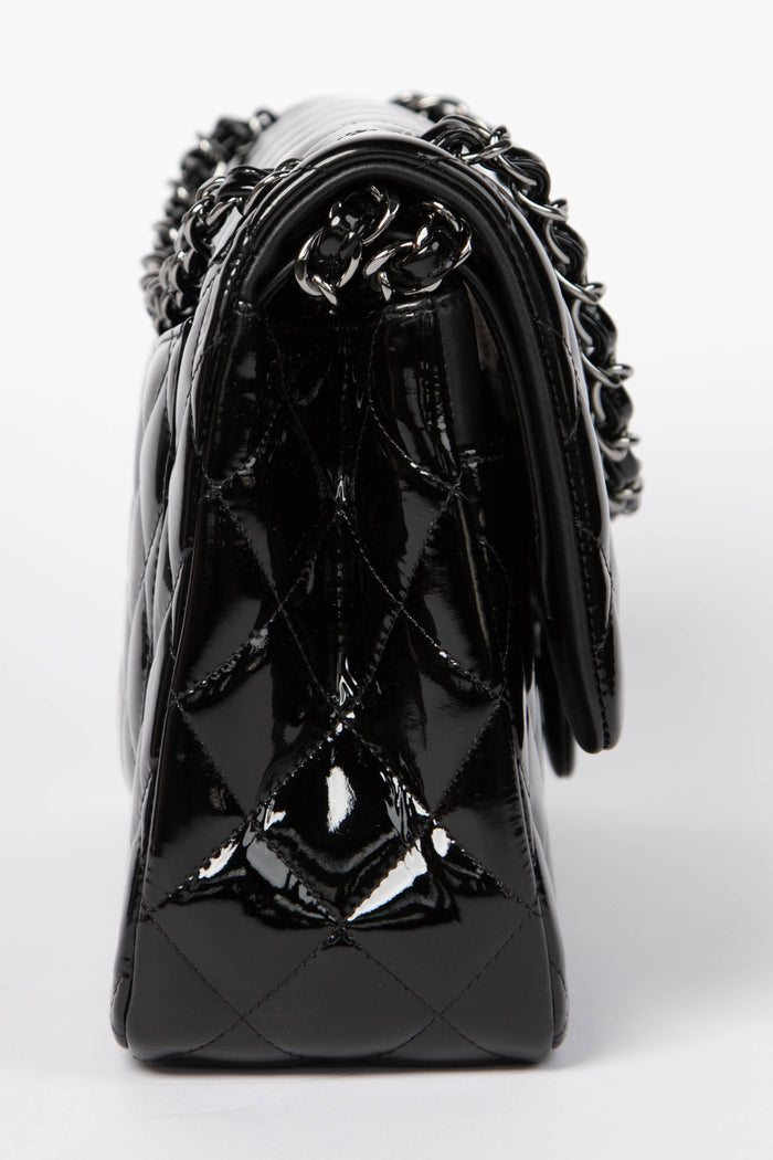 2010s Chanel Black Patent Leather Jumbo Double Flap Shoulder Bag