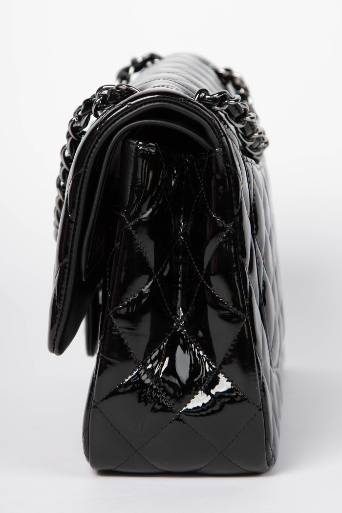 2010s Chanel Black Patent Leather Jumbo Double Flap Shoulder Bag