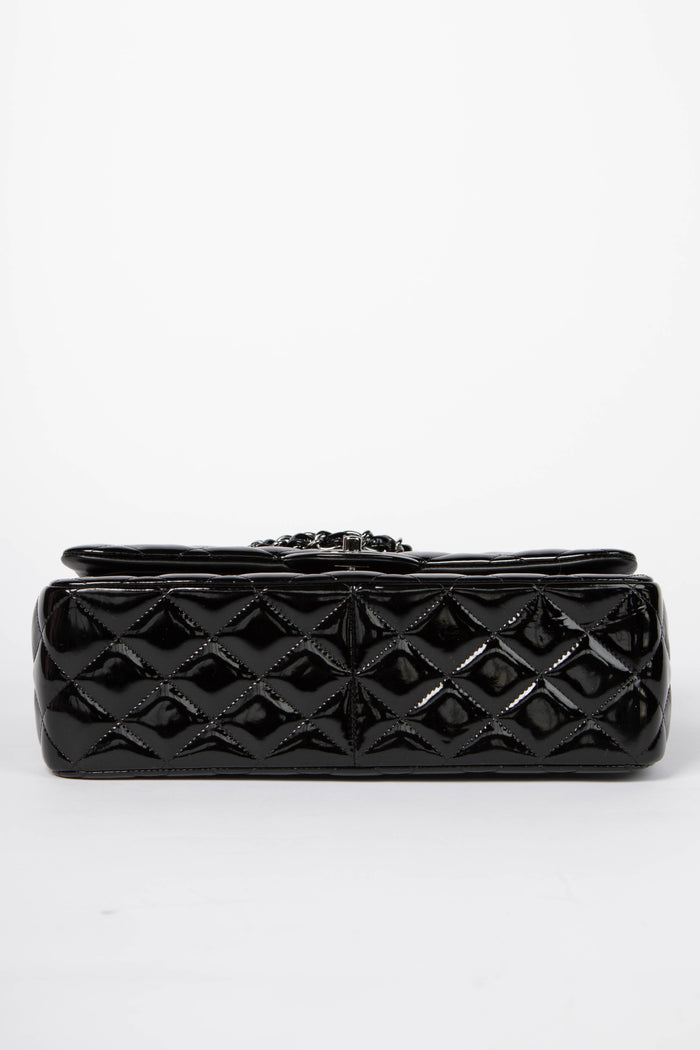 2010s Chanel Black Patent Leather Jumbo Double Flap Shoulder Bag