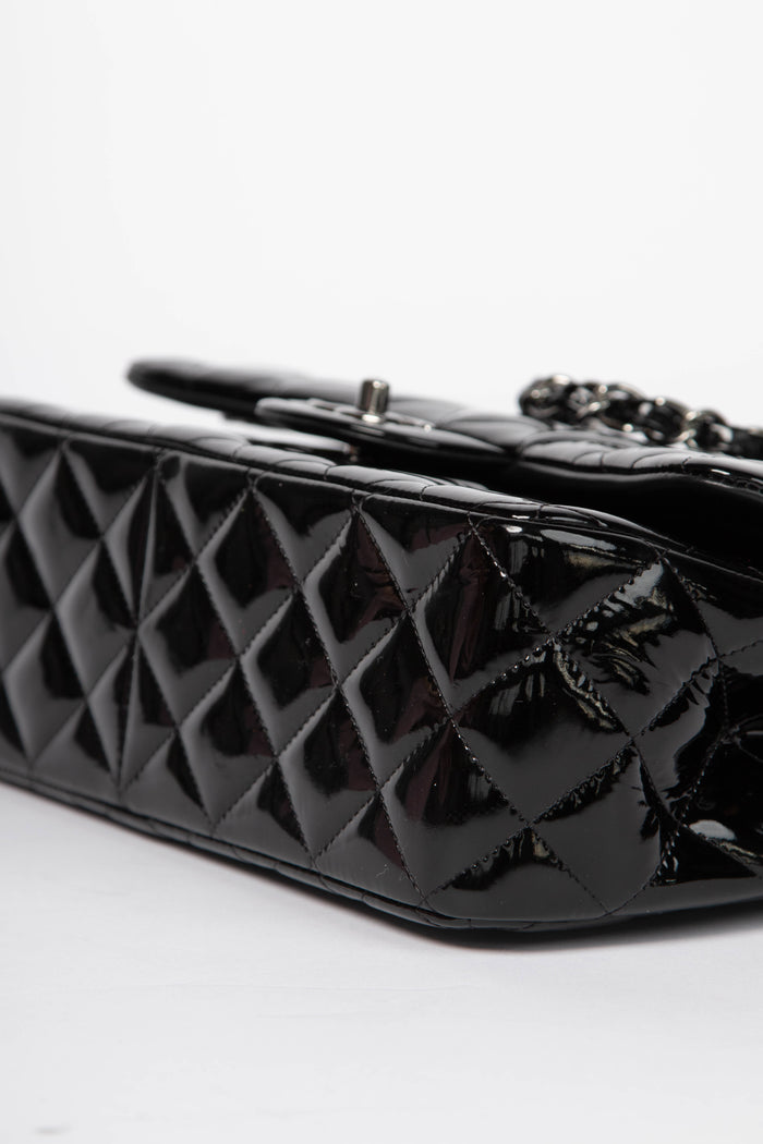 2010s Chanel Black Patent Leather Jumbo Double Flap Shoulder Bag