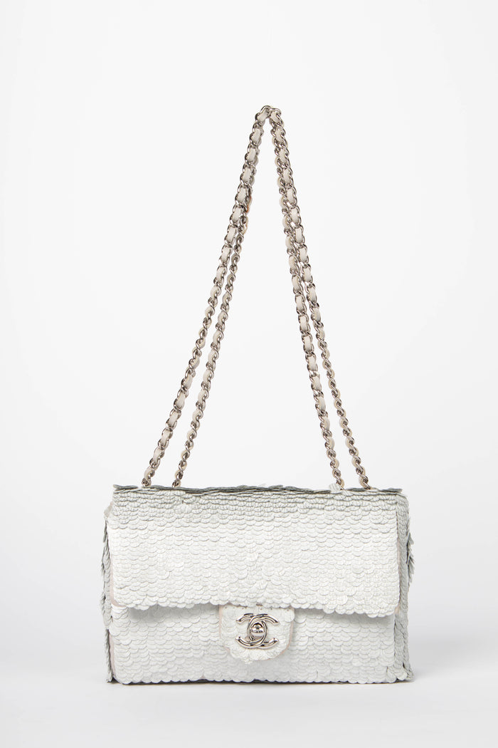 2010s Chanel Silver Sequin Mini Rectangular Single Flap Shoulder Bag