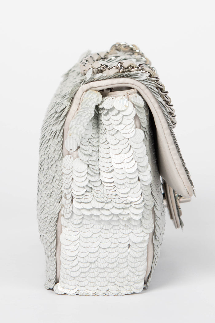 2010s Chanel Silver Sequin Mini Rectangular Single Flap Shoulder Bag