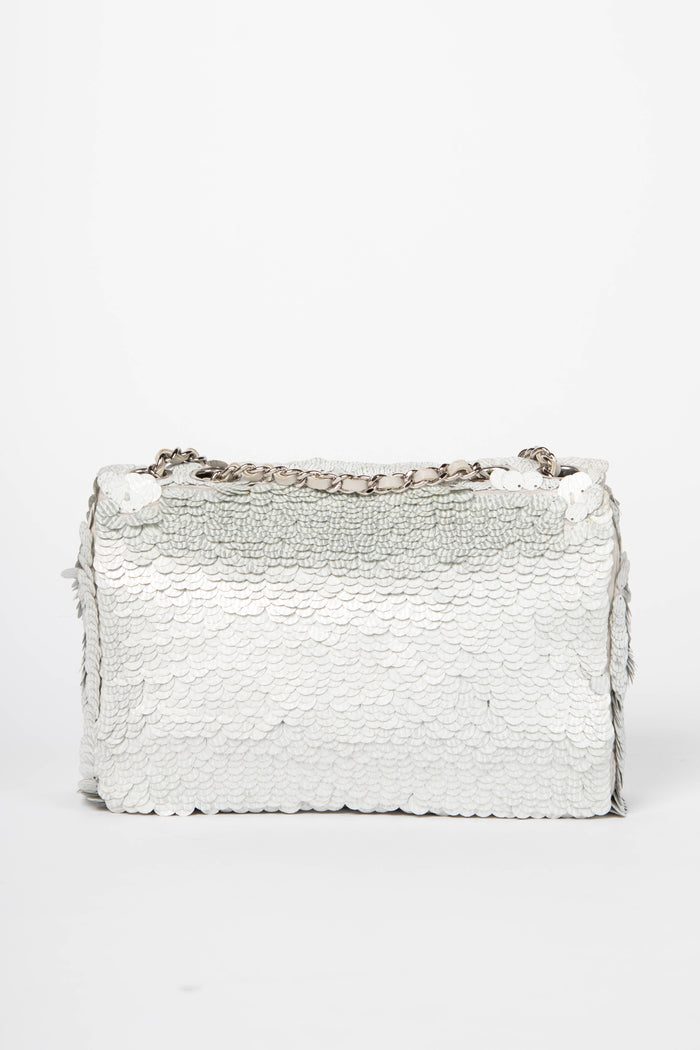 2010s Chanel Silver Sequin Mini Rectangular Single Flap Shoulder Bag