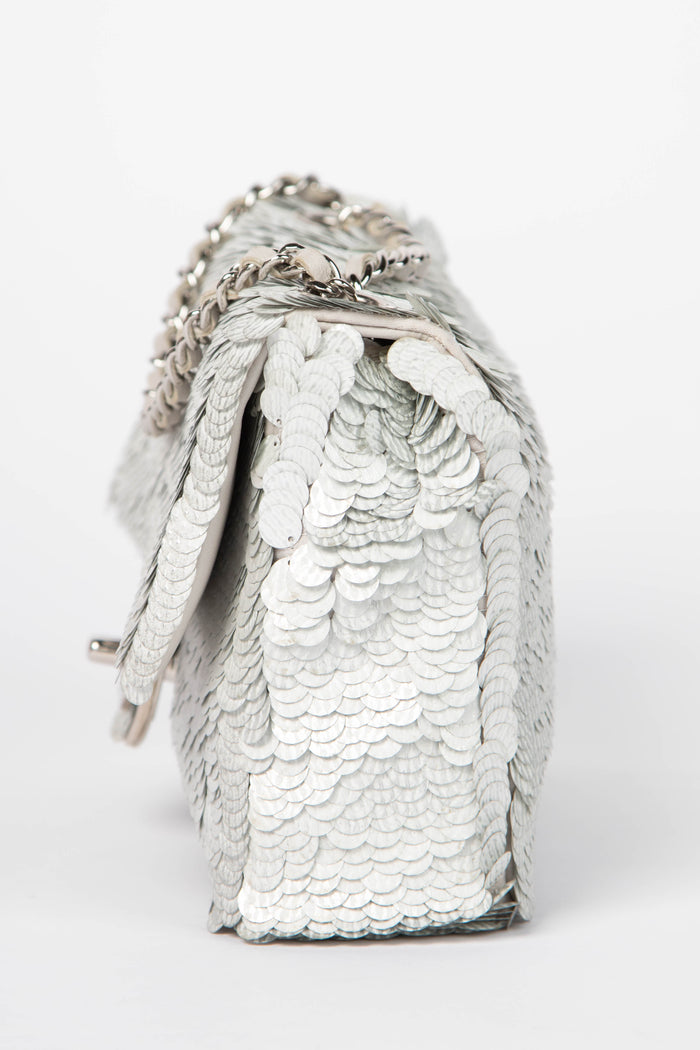 2010s Chanel Silver Sequin Mini Rectangular Single Flap Shoulder Bag