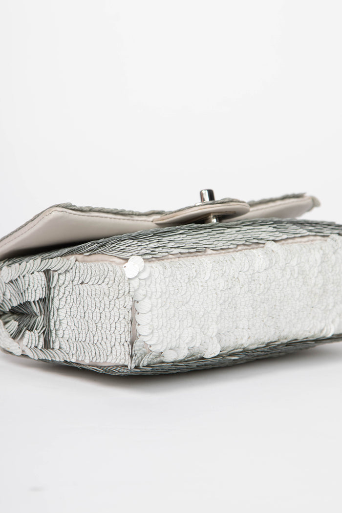 2010s Chanel Silver Sequin Mini Rectangular Single Flap Shoulder Bag